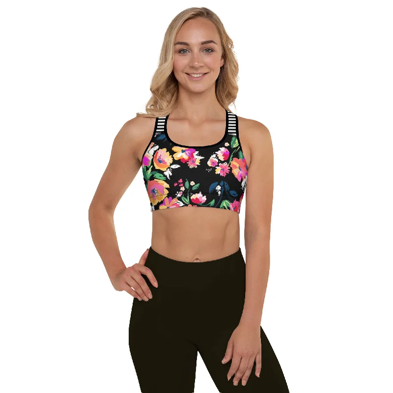 Women's Medium Support Padded Sports Bra A-C  Cups, Rose Garden Stripe Simple Wireless Bra