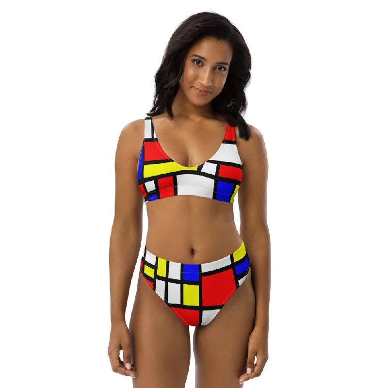 65 MCMLXV Women's Mondrian Color Block Print Recycled High-Waisted Bikini Swimsuit Classic Monokini Design