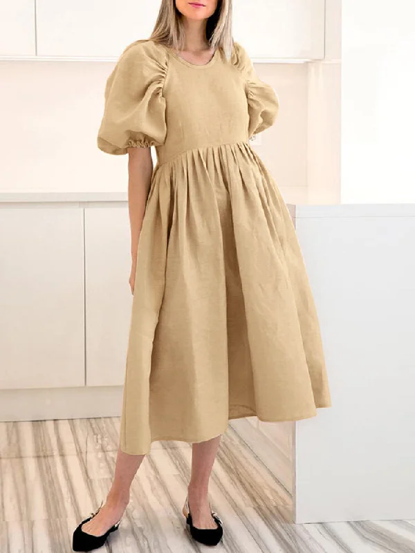 Back Zipper Pleated Puff Sleeve O-neck Ed Pockets Women Midi Dress Elegant Floral Appliqué Midi Dress Back Zipper Pleated Puff Sleeve O-neck Ed Pockets Women Midi Dress Elegant Floral Appliqué Midi Dress