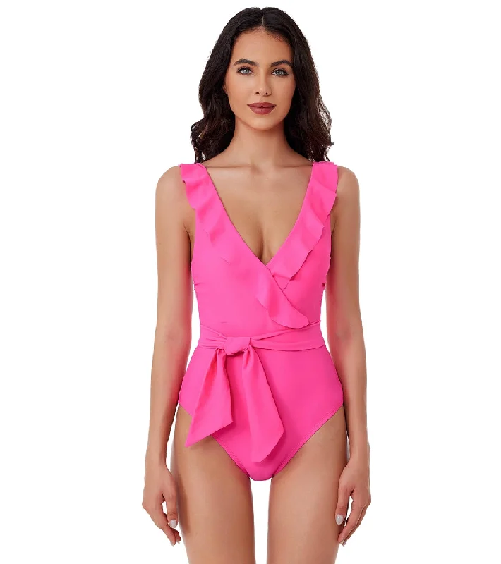 BCA by Rebecca Virtue Women's Ruffle Romance Neck One Piece Swimsuit Hot Pink Modern High-Waisted Swimsuit