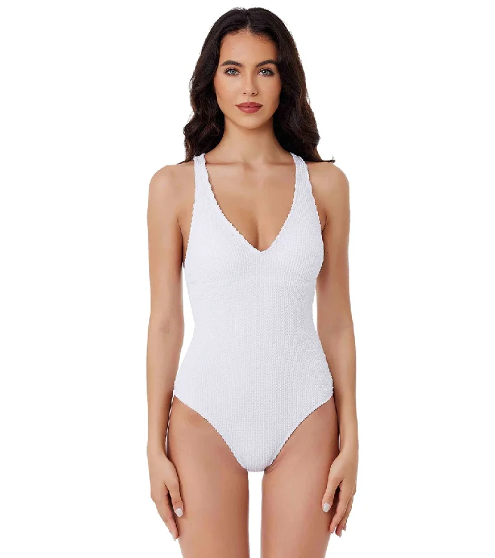 BCA by Rebecca Virtue Women's Textured Scoop Front One Piece Swimsuit Optic White Playful Pattern Swimsuit