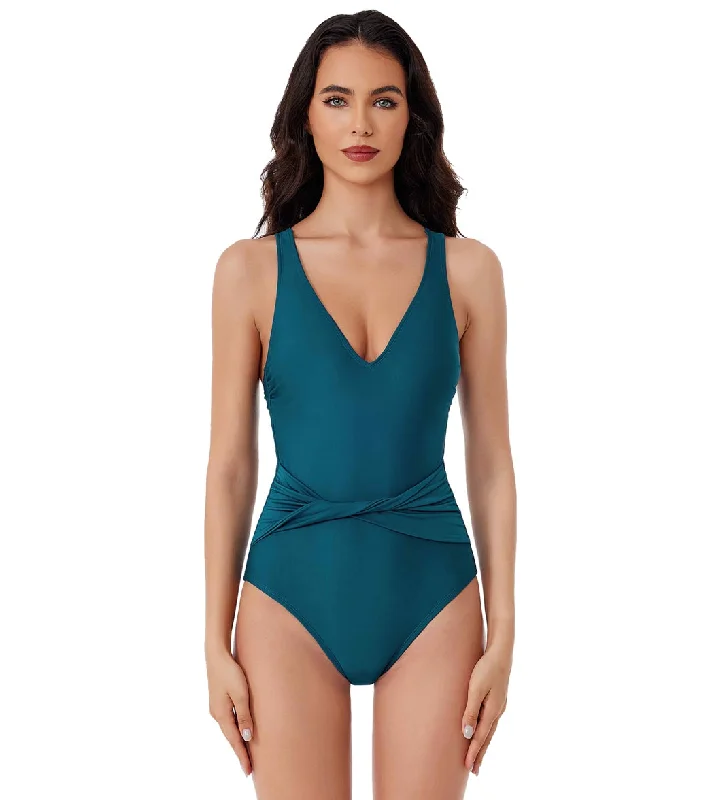 BCA by Rebecca Virtue Women's Twist Waist Belt One Piece Swimsuit Lagoon Sporty Racerback Swimsuit