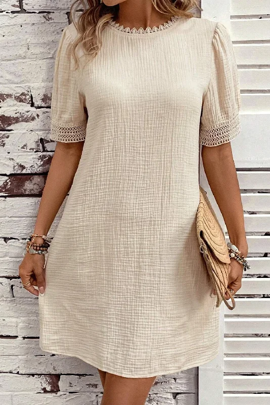 Creme Beige Puff Sleeve 100% Cotton Womens Mini Dress Cozy Satin Mini Dress