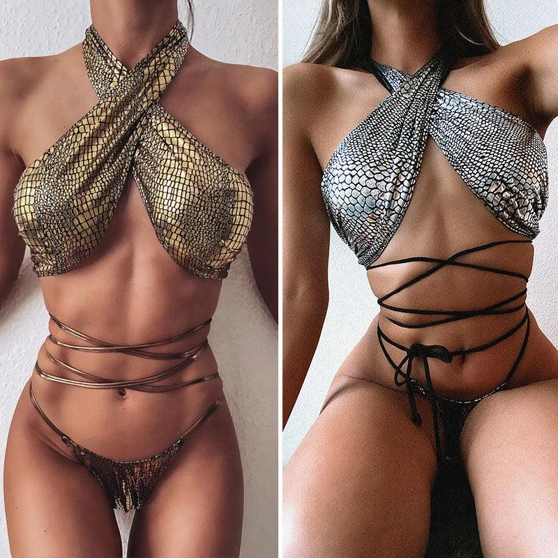 Bikini sexy bikini hot style snake print fabric strappy swimsuit Chic Beach Cover-Up