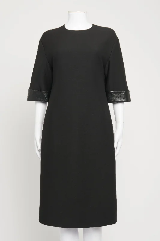 Black Leather Cuff Sleeve Preowned Midi Dress Trendy Fit-and-Flare Midi Dress