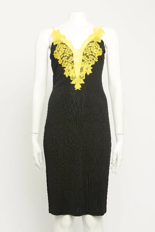 Black Viscose Preowned V-Neck Lace Embroidered Midi Dress Comfortable Sleeveless Midi Dress Black Viscose Preowned V-Neck Lace Embroidered Midi Dress Comfortable Sleeveless Midi Dress