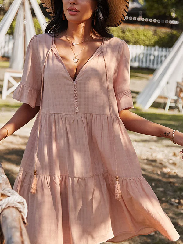 Bohemia Pure Color Knotted Button V-neck Half Sleeve Tassel Women Midi Dress Stylish Button-Down Midi Dress Bohemia Pure Color Knotted Button V-neck Half Sleeve Tassel Women Midi Dress Stylish Button-Down Midi Dress