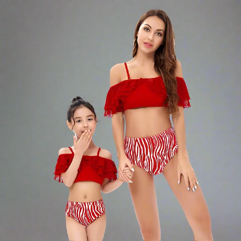 Chic Mother-Daughter One-Shoulder Swimsuit with Playful Ruffles and Contrasting Stripes - Nylon & Polyester Blend Elegant Ruffled Bikini