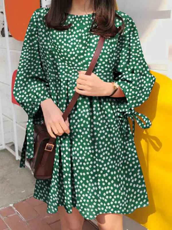 Cotton Polka Dot Pleat Round Neck Loose Casual Women Midi Dress Stylish Button-Down Midi Dress Cotton Polka Dot Pleat Round Neck Loose Casual Women Midi Dress Stylish Button-Down Midi Dress