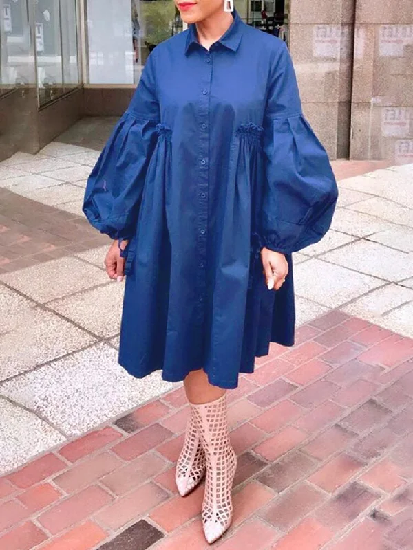 Cotton Pure Color Lapel Puff Sleeve Pleated Casual Shirt Women Midi Dress Elegant Velvet Midi Dress Cotton Pure Color Lapel Puff Sleeve Pleated Casual Shirt Women Midi Dress Elegant Velvet Midi Dress
