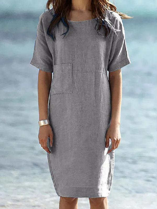Cotton Pure Color Short Sleeve O-neck Zipper Holiday Simple Women Midi Dress Trendy Tiered Hem Midi Dress Cotton Pure Color Short Sleeve O-neck Zipper Holiday Simple Women Midi Dress Trendy Tiered Hem Midi Dress