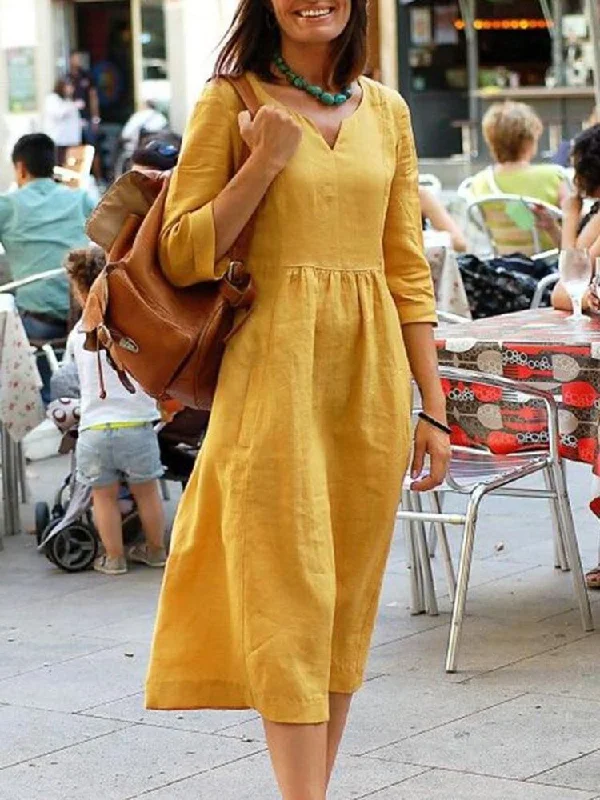 Cotton Pure Color V-neck 3/4 Sleeve Simple Slender Casual Fit Women Midi Dress Trendy Bodycon Midi Dress Cotton Pure Color V-neck 3/4 Sleeve Simple Slender Casual Fit Women Midi Dress Trendy Bodycon Midi Dress