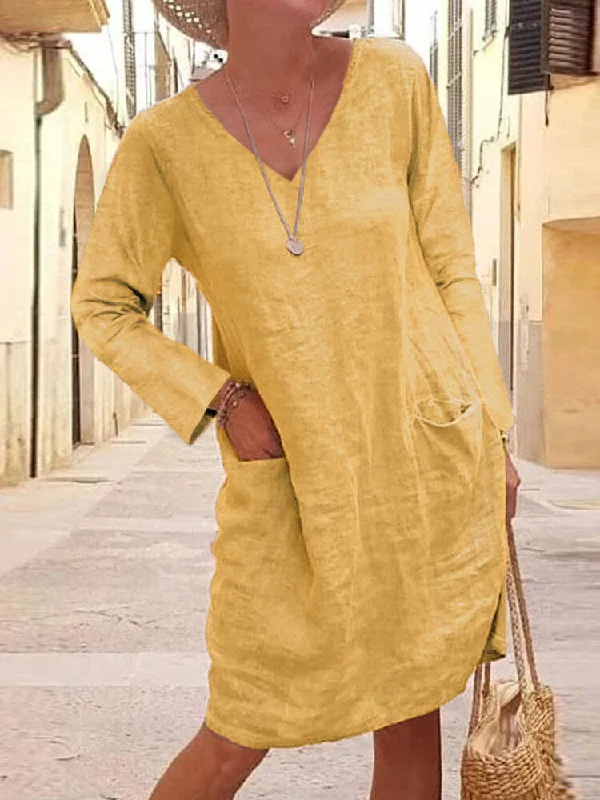 Cotton Solid V-neck Casual Long Sleeve Pockets Women Midi Dress Stylish Button-Up Midi Dress Cotton Solid V-neck Casual Long Sleeve Pockets Women Midi Dress Stylish Button-Up Midi Dress