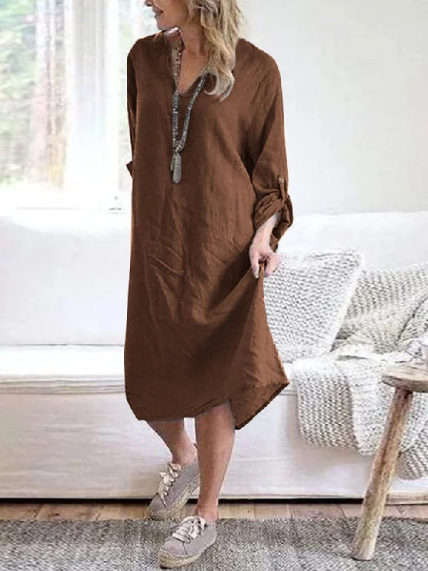 Cotton Solid V-neck Long Sleeve Loose Midi Shirt Women Midi Dress Comfortable Geometric Print Midi Dress Cotton Solid V-neck Long Sleeve Loose Midi Shirt Women Midi Dress Comfortable Geometric Print Midi Dress