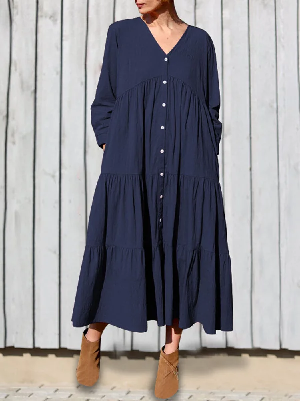 Cotton V-neck Button Front Long Sleeve Casual Layered Women Midi Dress Elegant Lace Trim Midi Dress Cotton V-neck Button Front Long Sleeve Casual Layered Women Midi Dress Elegant Lace Trim Midi Dress