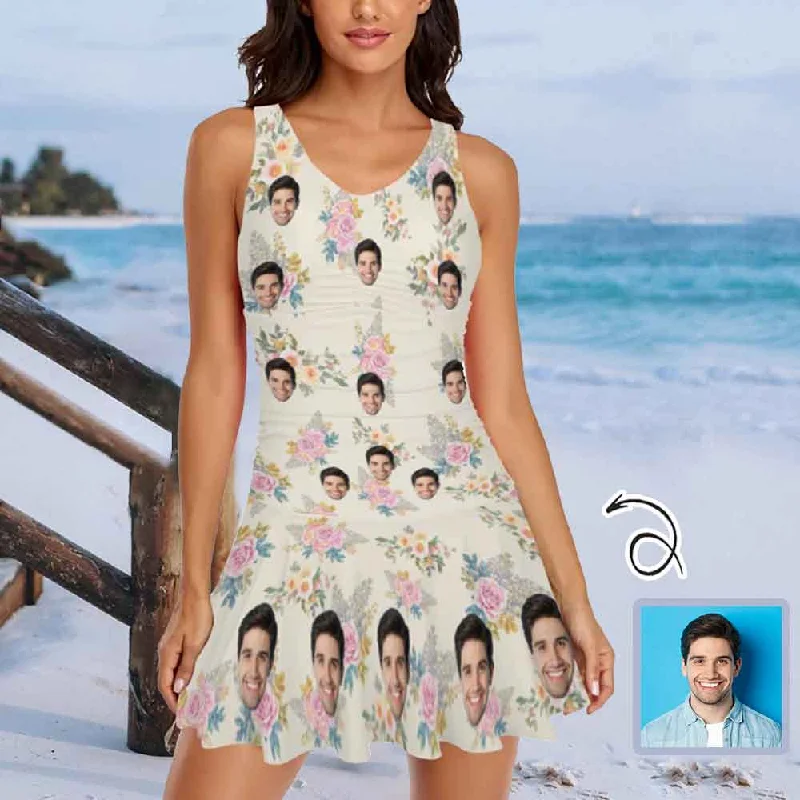 Custom Face Pink Floral Beige Swimdress For Women One Piece Swimsuit Casual Swim Dress