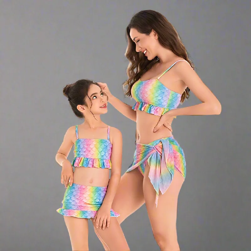 Enchanting Mermaid Scales Two-Piece Swimsuit Set for Mother and Daughter - Rainbow Hues with Flirty Skirt Detail Reversible Bikini Set