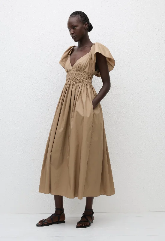 Flutter Sleeve Midi Dress - Stone Trendy Off-Shoulder Ruffle Midi Dress