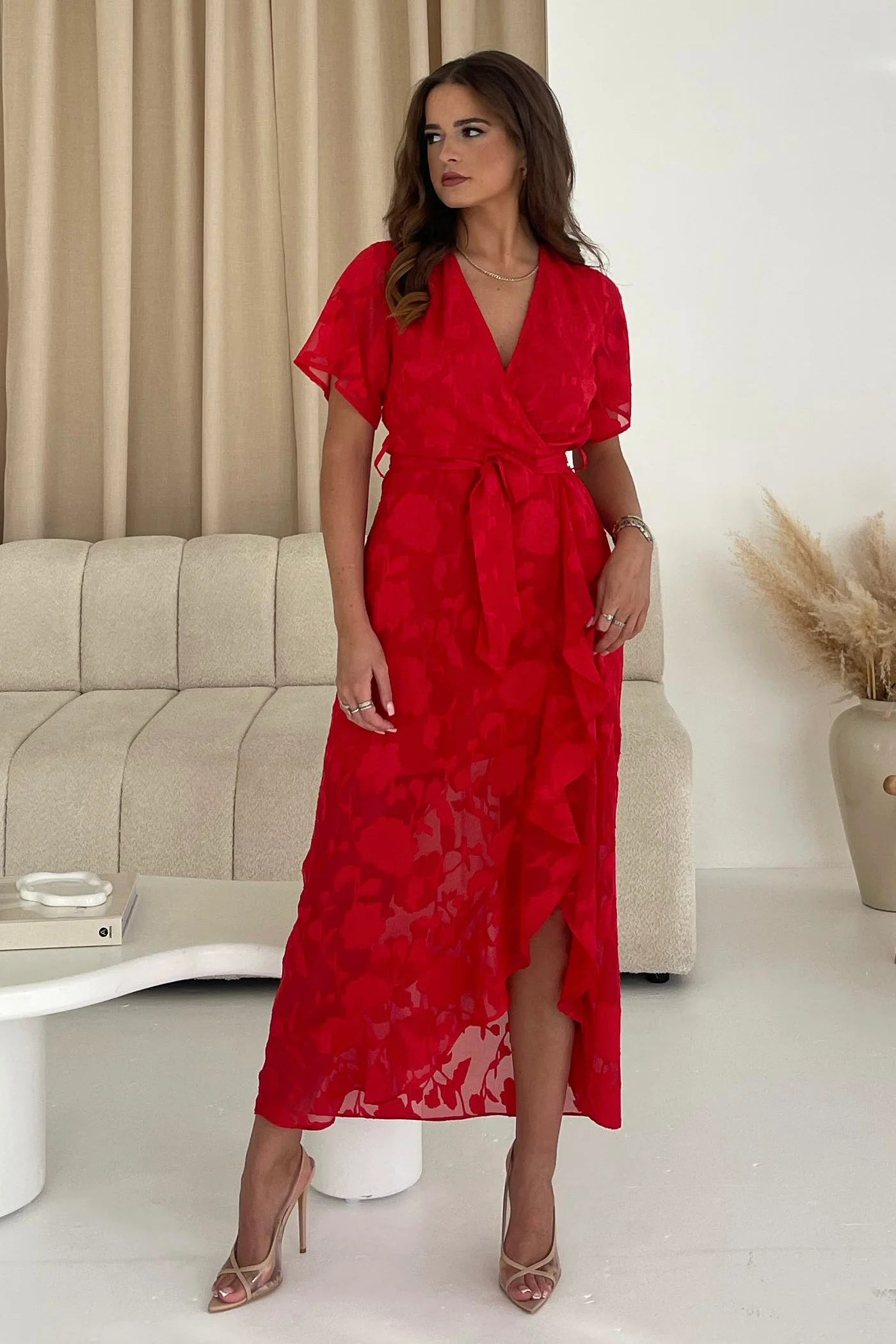 Girl In Mind Farren Wrap Hem Frill Detail Red Midi Dress Comfortable Short Sleeve Midi Dress Girl In Mind Farren Wrap Hem Frill Detail Red Midi Dress Comfortable Short Sleeve Midi Dress