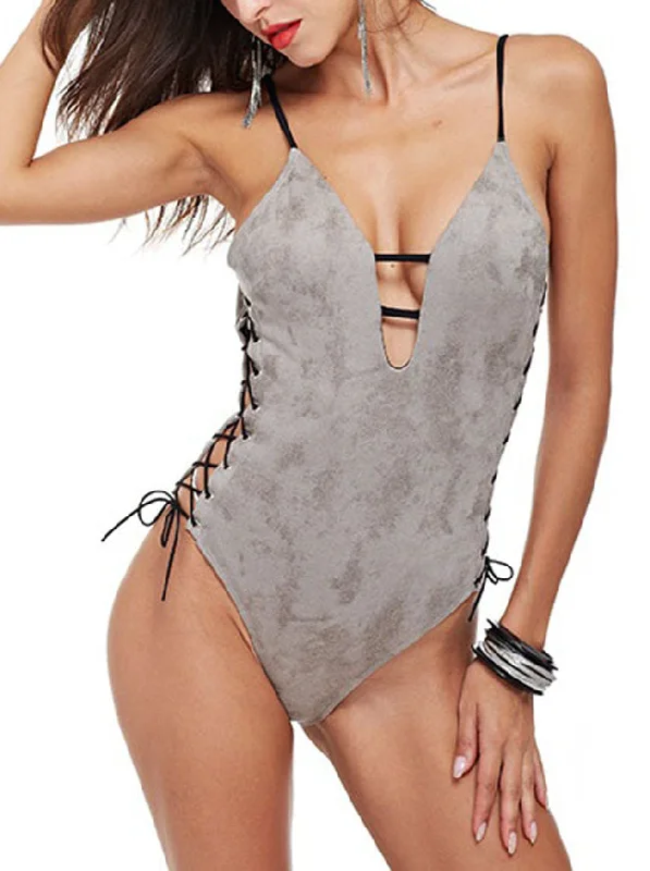 Grey Spaghetti Straps Deep V Lace-up Backless One-piece Swimsuit Sporty Racerback Swimsuit