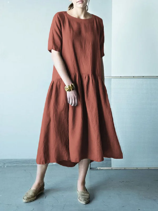Half Sleeve O-neck Stitching Cotton Casual Plain Women Midi Dress Stylish Cold Shoulder Midi Dress Half Sleeve O-neck Stitching Cotton Casual Plain Women Midi Dress Stylish Cold Shoulder Midi Dress