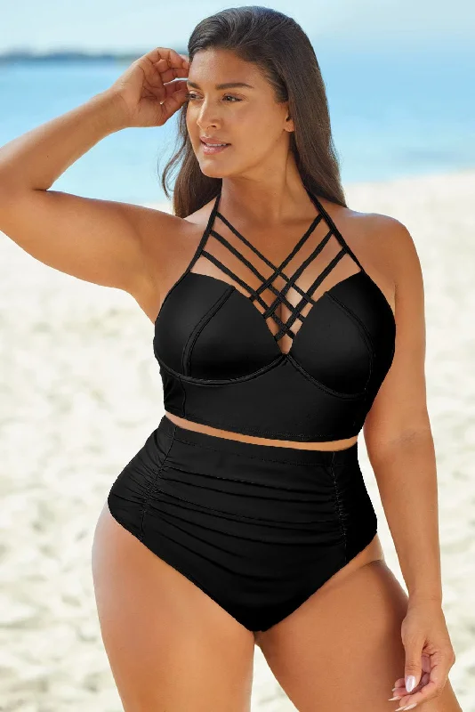 Halter Neck Crisscross Ruched Two-Piece Swimsuit Push-Up Bikini Bottoms