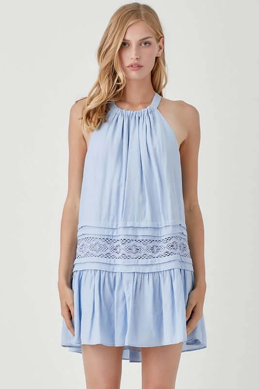 Halter Neck Trim Lace with Folded Detail Mini Dress Elegant Lace-Up Mini Dress