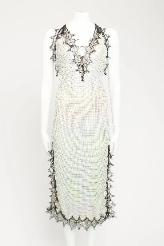 Iridescent Chainmail Preowned Eyelash Lace Midi Dress Trendy Midi Dress with Belt
