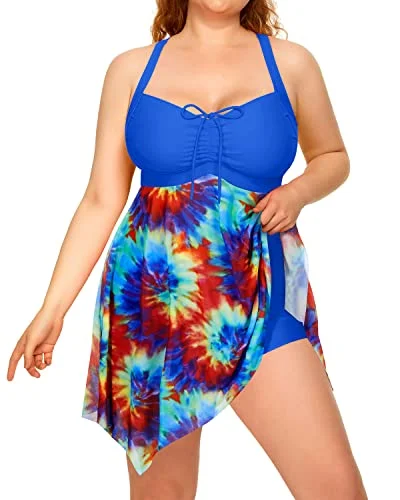 Irregular Hem Mesh Tankini Swim Dress For Plus Size Women-Tie Dye Soft Beachwear Set