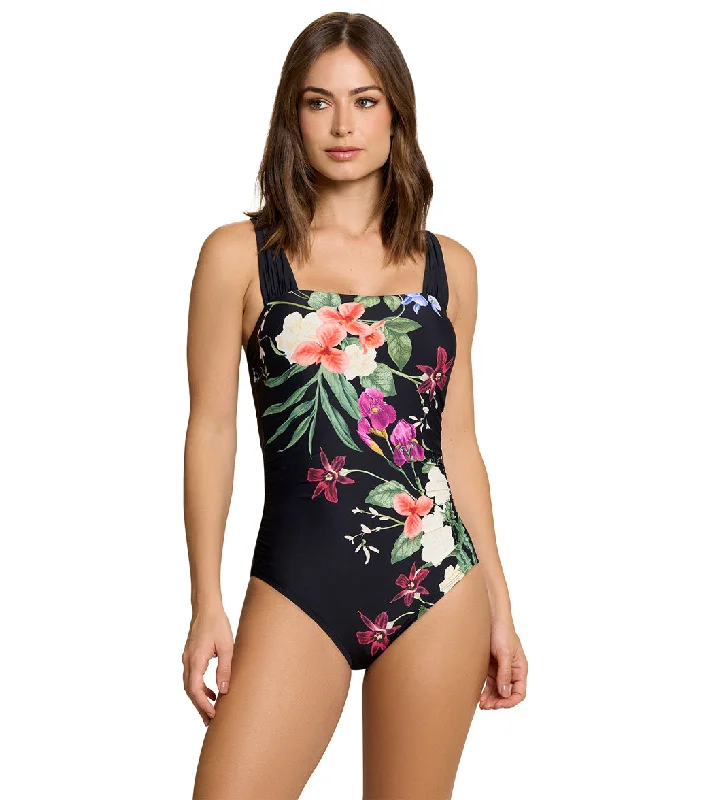 Jantzen Women's Floral Fantasy Hilda Glam One Piece Swimsuit Black Beach Ready Swimsuit