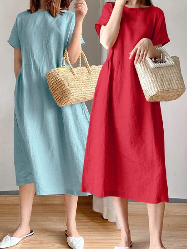 Knee Length Dress Cotton Solid Pockets Women Midi Dress Stylish Halter Neck Midi Dress Knee Length Dress Cotton Solid Pockets Women Midi Dress Stylish Halter Neck Midi Dress