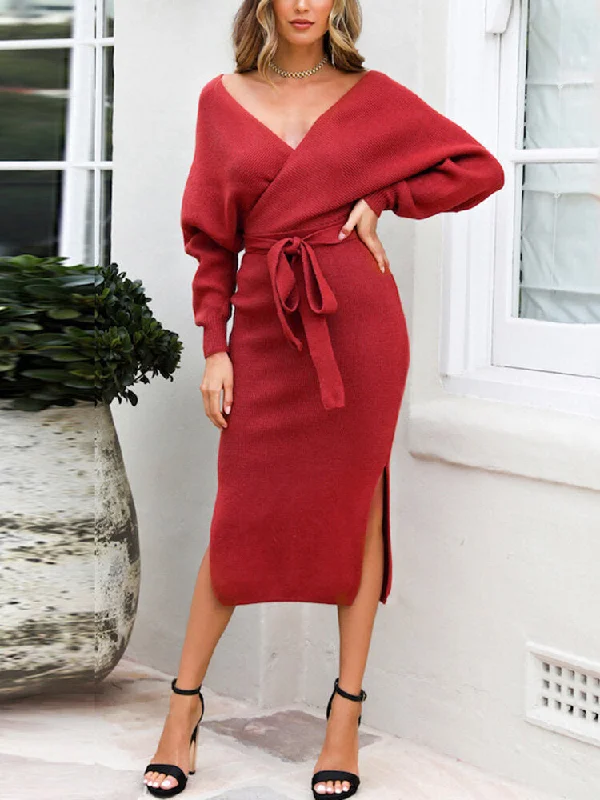 Knitted Low-cut V-neck Lace-up Back Hollow Out Long Sleeve Split Hem Women Midi Dress Elegant Satin Slip Midi Dress Knitted Low-cut V-neck Lace-up Back Hollow Out Long Sleeve Split Hem Women Midi Dress Elegant Satin Slip Midi Dress