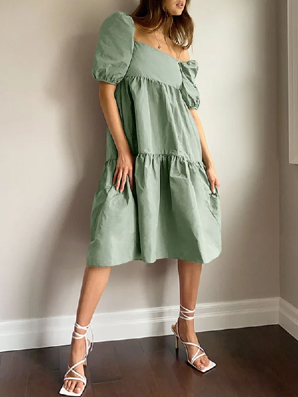 Leisure Puff Sleeve Back Tie Split Stitching Summer Loose Women Midi Dress Comfortable Deep V Midi Dress Leisure Puff Sleeve Back Tie Split Stitching Summer Loose Women Midi Dress Comfortable Deep V Midi Dress