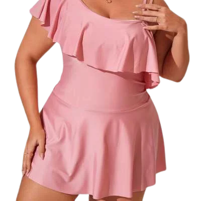 Light Pink Plus Ruffle Trim Asymmetrical Swim Dress With Bikini Bottom Plunge Back Swimsuit