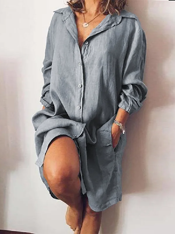 Loose Casual Long Sleeve V-neck Button Pocket Shirt Women Midi Dress Stylish Button-Down Midi Dress Loose Casual Long Sleeve V-neck Button Pocket Shirt Women Midi Dress Stylish Button-Down Midi Dress