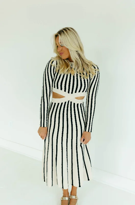 Nicole Midi Dress - Cream/Black Stylish Satin Midi Dress
