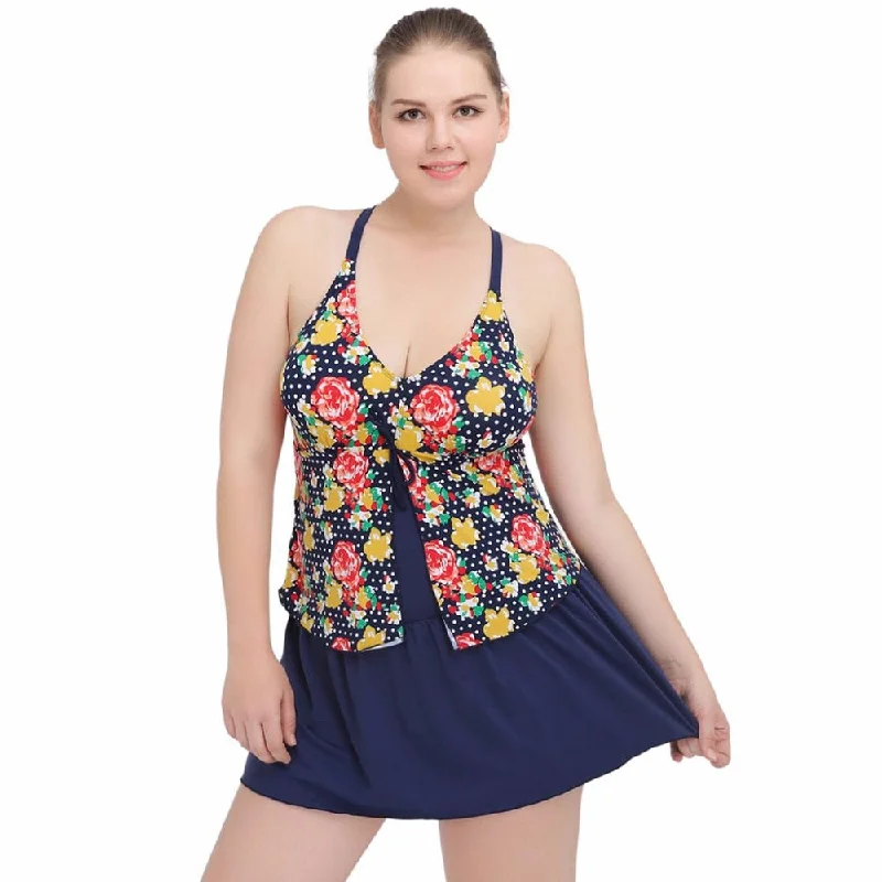 One Piece Plus Size Swimwear Floral Print Swimdress Two-Piece Beachwear