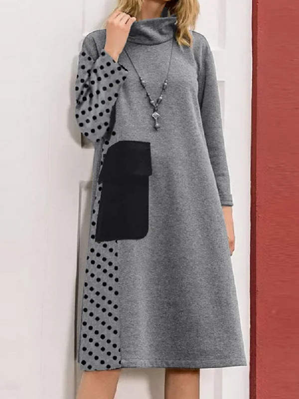 Patchwork Polka Dot Print Drop Shoulder Turtleneck Casual Women Midi Dress Comfortable Short Sleeve Midi Dress Patchwork Polka Dot Print Drop Shoulder Turtleneck Casual Women Midi Dress Comfortable Short Sleeve Midi Dress
