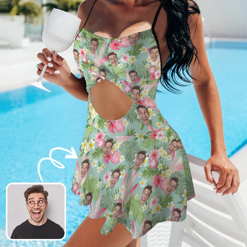 Personalized Face Swimsuit Dress Custom Face Green Leaves&Pink Flower Women's Cutout Cross Back Swimming Dress Color-Block Bikini