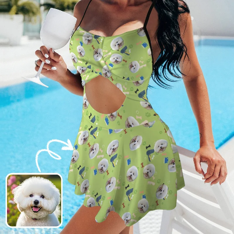 Personalized Face Swimsuit Dress Custom Face Green Women's Cutout Cross Back Swimming Dress Playful Pattern Swimsuit