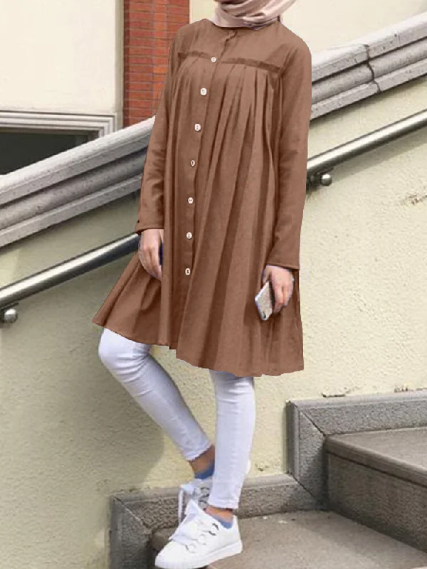 Pleated Button Up O-neck Tunic Kaftan Shirt Casual Women Midi Dress Stylish Long Sleeve Floral Midi Dress Pleated Button Up O-neck Tunic Kaftan Shirt Casual Women Midi Dress Stylish Long Sleeve Floral Midi Dress