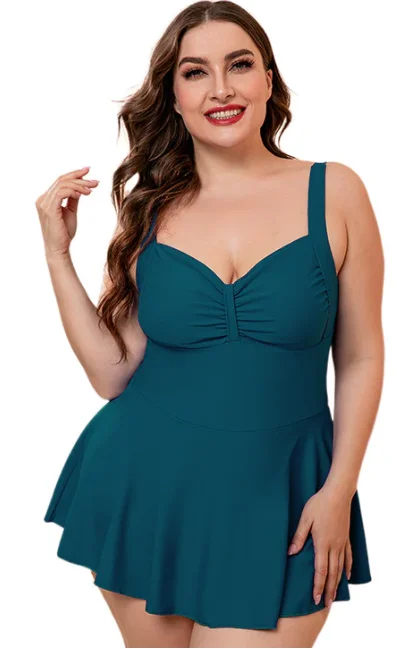 Plus Size Dark Green Gathered Detail Swim Dress Casual Swim Dress