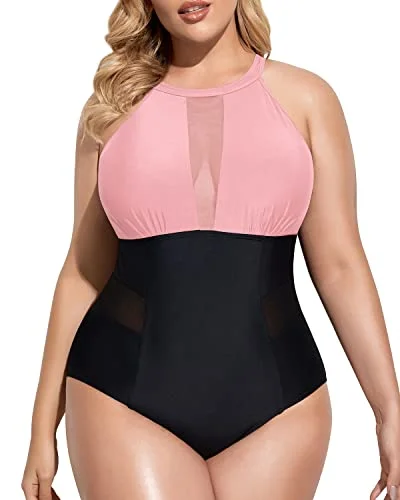 Plus Size Mesh Plunge Swimsuit Tummy Control-Pink And Black Lace Back Bikini