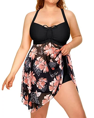 Criss-Cross Back Mesh Two Piece Swim Dress For Women-Black Floral Tropical Print Bikini