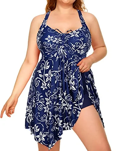 Ruffled Irregular Hem Plus Size Two Piece Swimdress-Blue Flower Vibrant Bikini Design