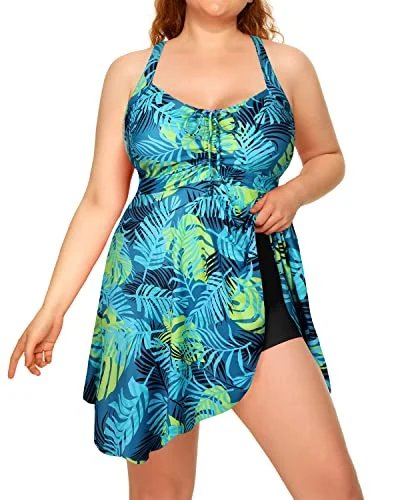 Sexy Cross-Back Tummy Control Plus Size Two Piece Swimdress-Blue Leaf Vintage Swimwear Look