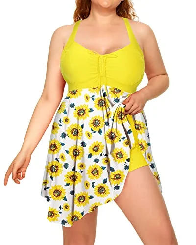 Adjustable Drawstring Tankini Plus Size Two Piece Swimdress-Yellow Floral Sporty Swimwear Bottoms