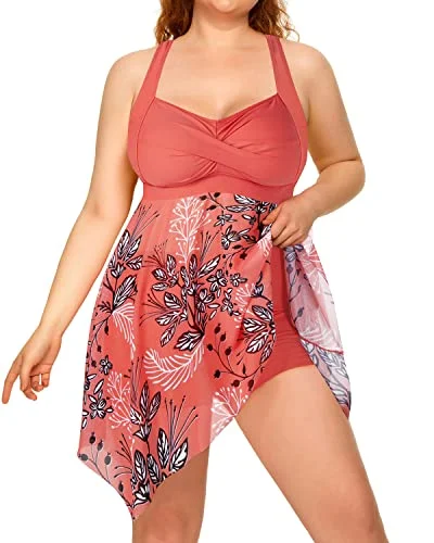 Plus Size Two Piece Mesh Swim Dress Boyshorts For Women-Pink Flower Chic Beach Cover-Up