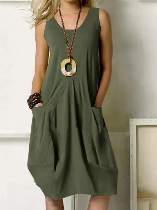 Pocket Sleeveless O-neck Irregular Casual Solid Women Midi Dress Stylish Pleated Skirt Midi Dress Pocket Sleeveless O-neck Irregular Casual Solid Women Midi Dress Stylish Pleated Skirt Midi Dress
