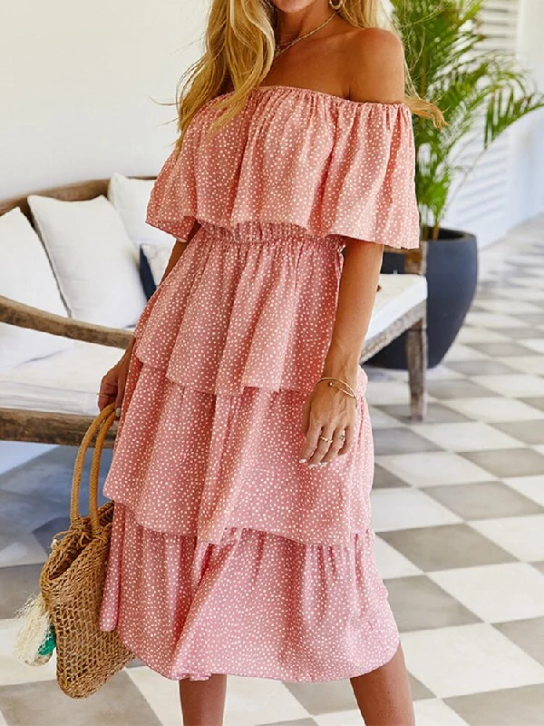 Polka Dot Print Off-shoulder Short Sleeve Layered Women Midi Dress Fashionable Pencil Midi Dress Polka Dot Print Off-shoulder Short Sleeve Layered Women Midi Dress Fashionable Pencil Midi Dress